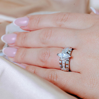 Closeout-Silver 925 Rhodium Plated Clear Marquise Center Channel Set Square CZ Bridal Ring - BGR00010