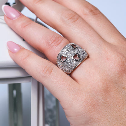 Closeout-Silver 925 Rhodium Plated Clear Pave Set CZ Heart Dome Ring - BGR00019