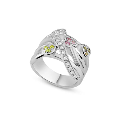 Closeout-Silver 925 Rhodium Plated Multi Colored CZ Heart Ring - BGR00020