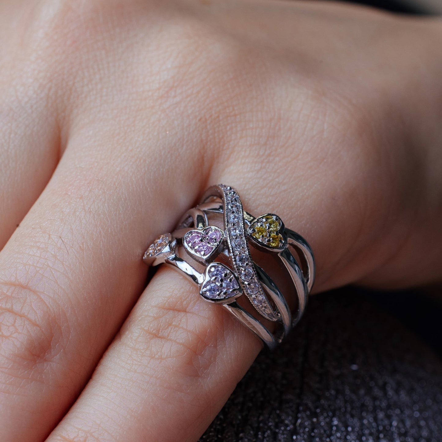 Closeout-Silver 925 Rhodium Plated Multi Colored CZ Heart Ring - BGR00020