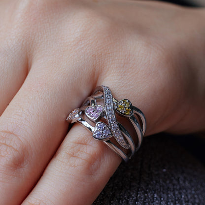 Closeout-Silver 925 Rhodium Plated Multi Colored CZ Heart Ring - BGR00020