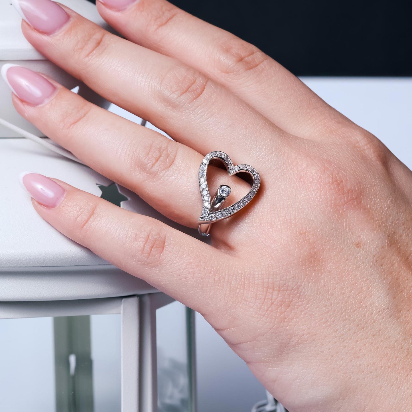 Closeout-Silver 925 Rhodium Plated Round Center CZ Sideways Open Heart Ring - BGR00023