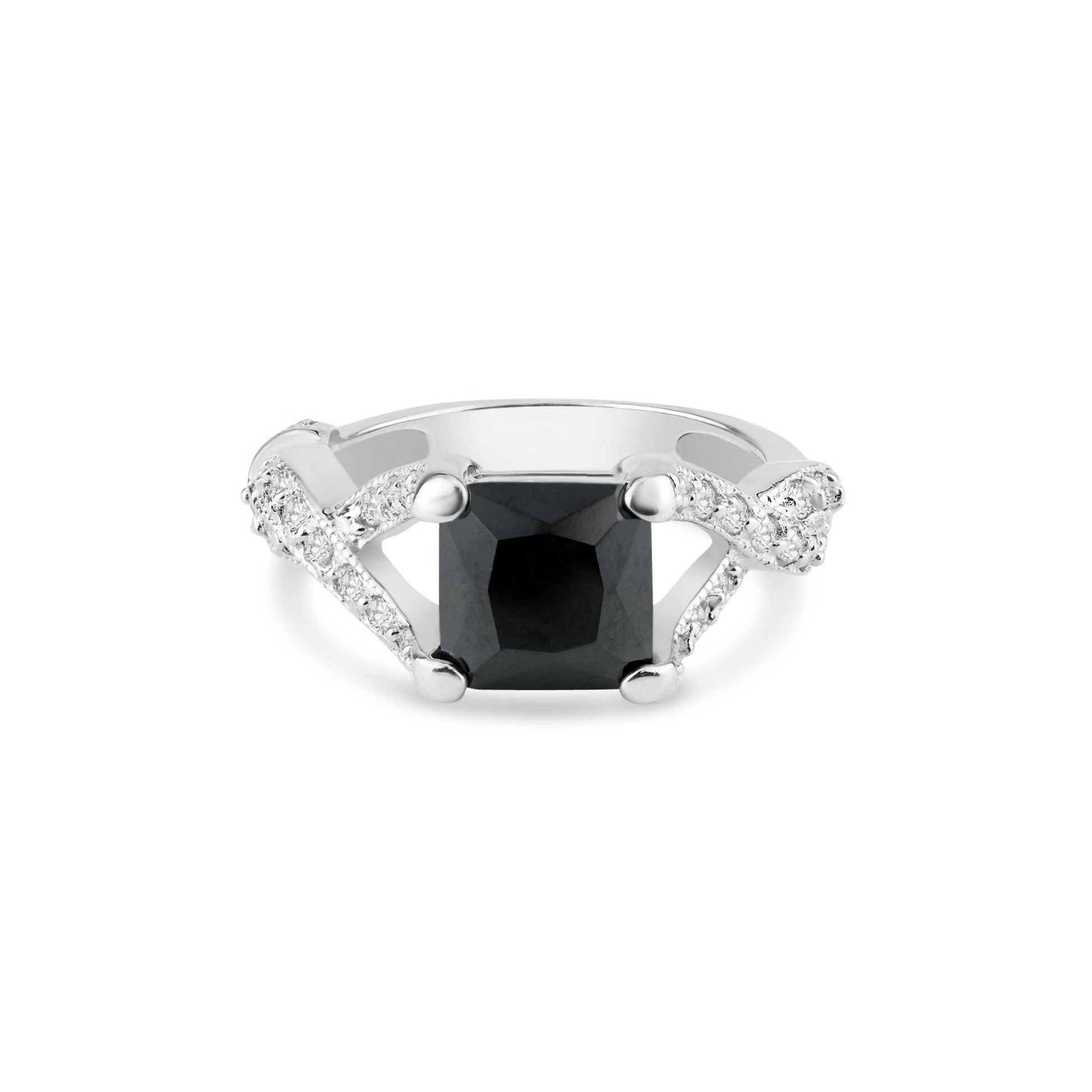 Silver 925 Rhodium Plated Black Square Center and Clear CZ Ring - BGR00032 | Silver Palace Inc.