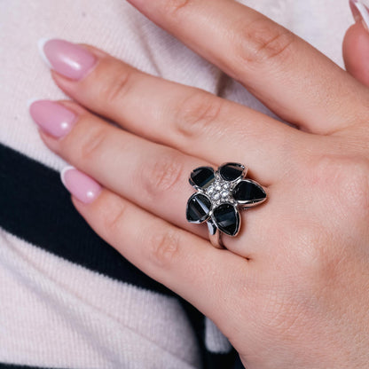 Closeout-Silver 925 Rhodium and Black Rhodium Plated Black Clear CZ Flower Ring - BGR00033