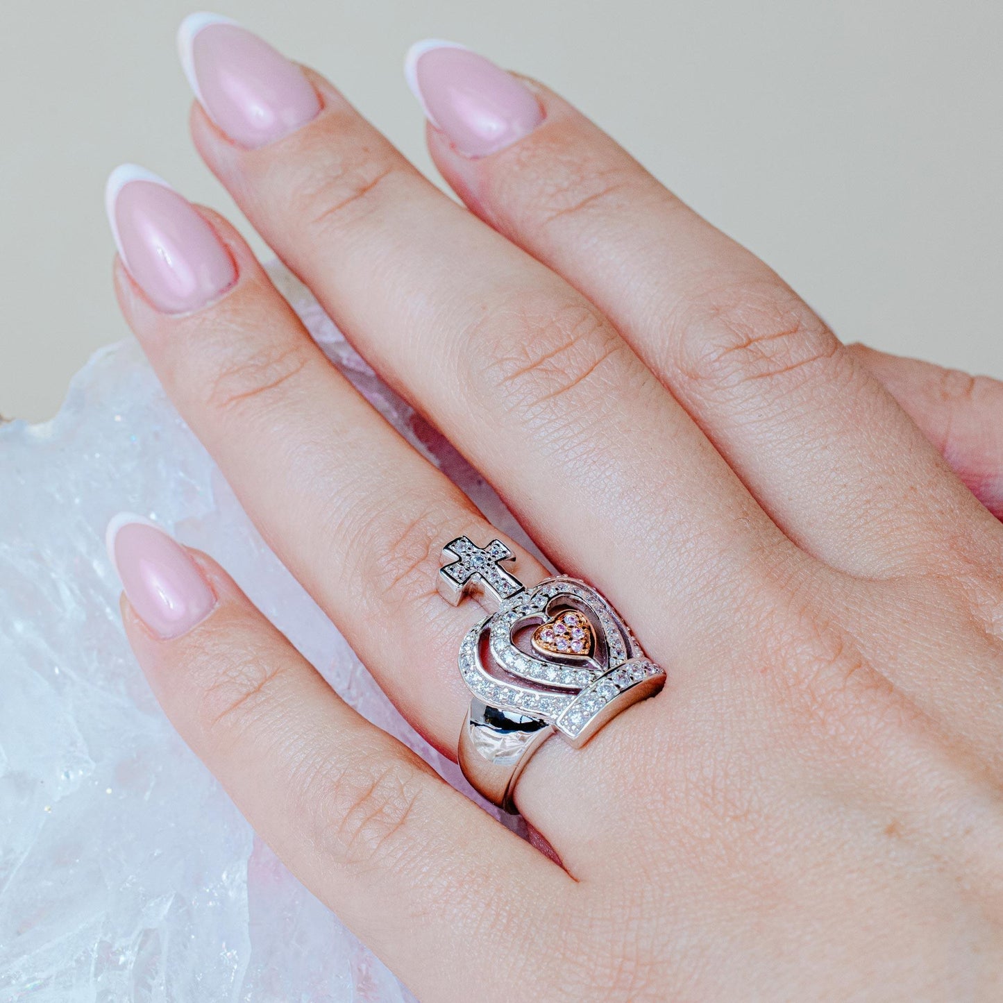 Closeout-Silver 925 Rhodium Plated Pink Heart Center and Clear CZ Crown Ring - BGR00038