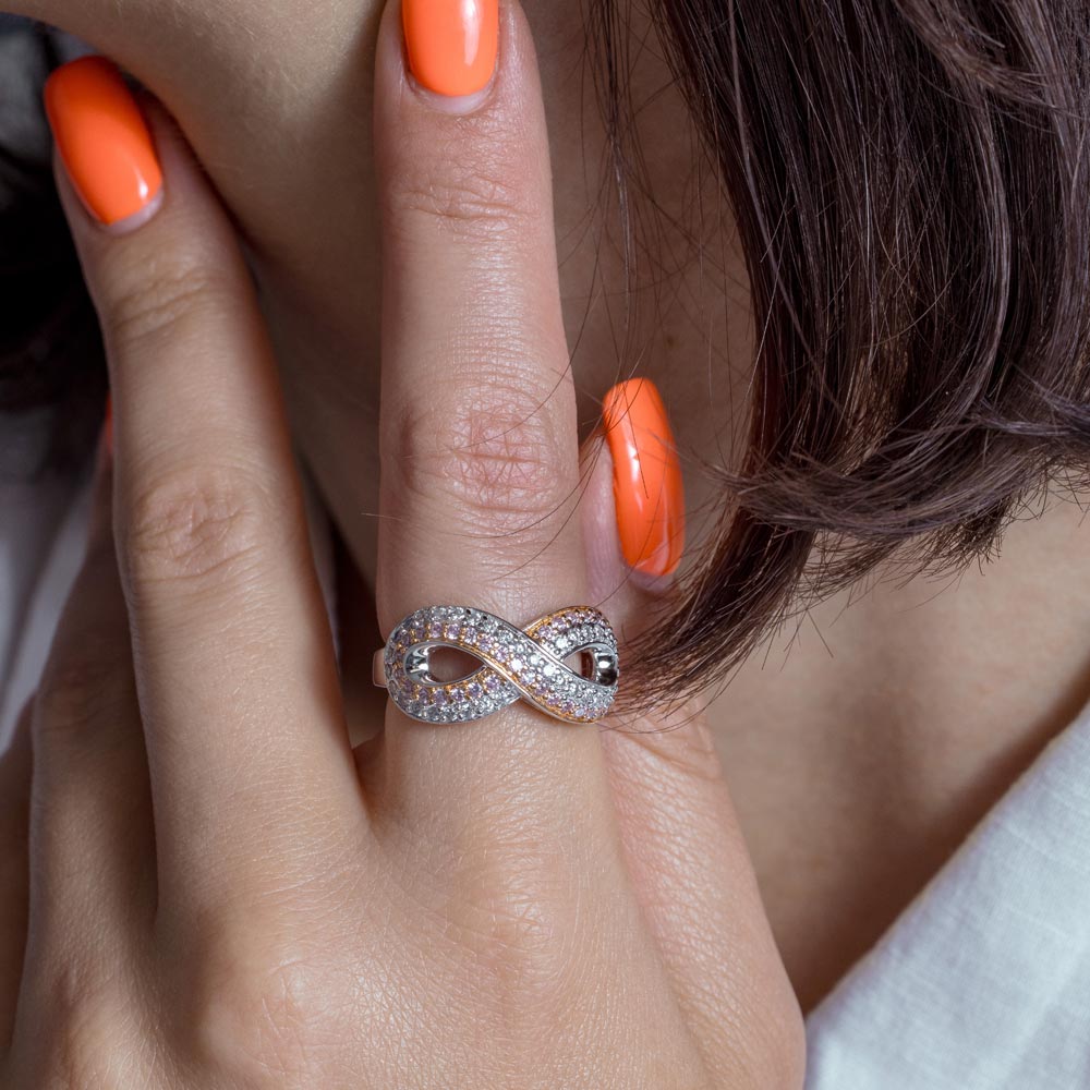 Closeout-Silver 925 Rose Gold and Rhodium Plated Pink and Clear CZ Infinity Ring - BGR00039