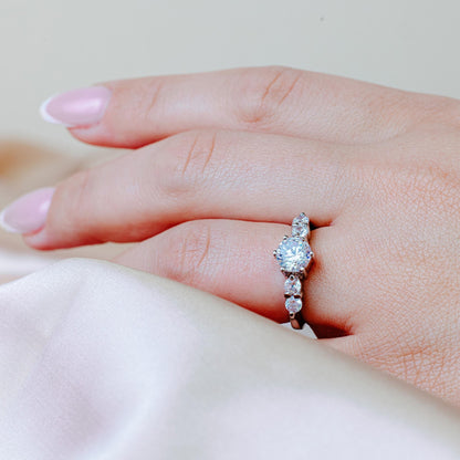 Closeout-Silver 925 Rhodium Plated 5 Clear Round Stone Set CZ Bridal Ring - BGR00048