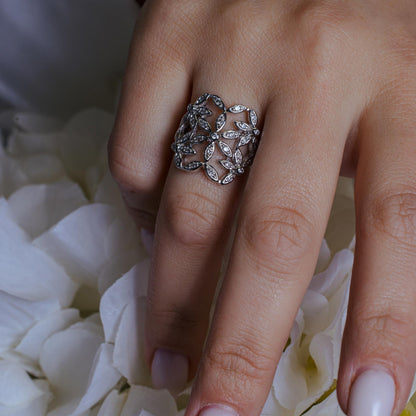 Closeout-Silver 925 Rhodium Plated Clear CZ Cigar Band Flower Ring - BGR00062