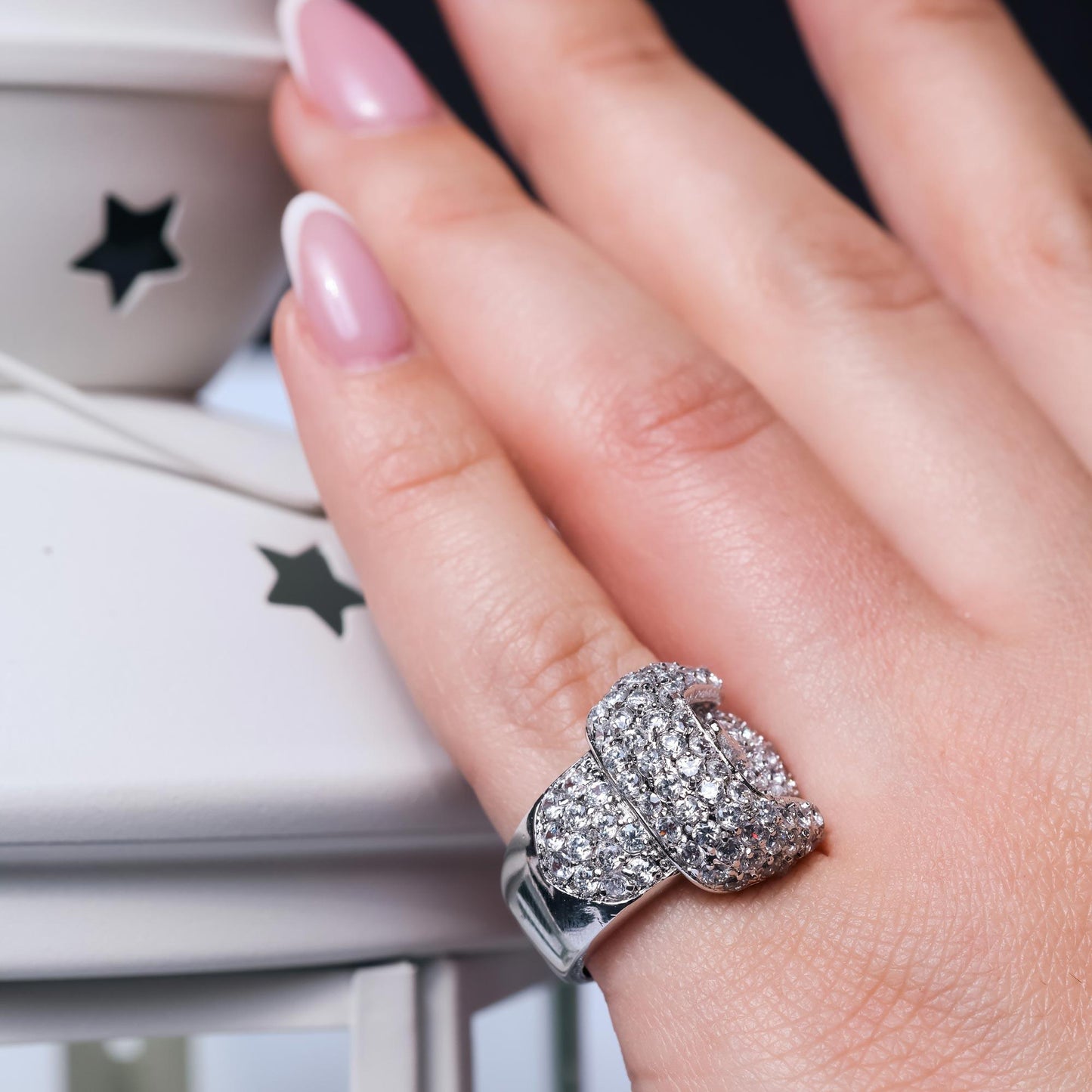 Closeout-Silver 925 Rhodium Plated Clear Pave Set CZ Belt Buckle Ring - BGR00105