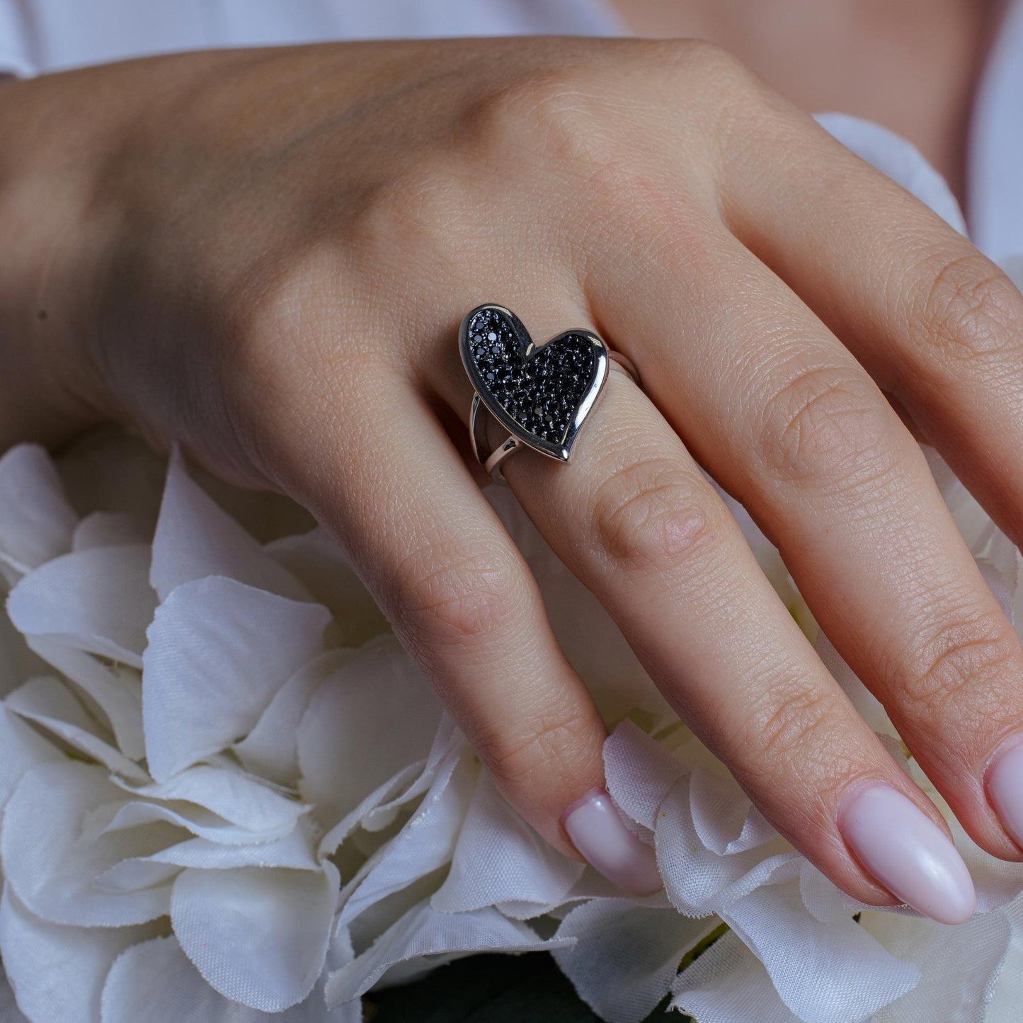 Closeout-Silver 925 Rhodium Plated Black Pave Set CZ Heart Ring - BGR00108
