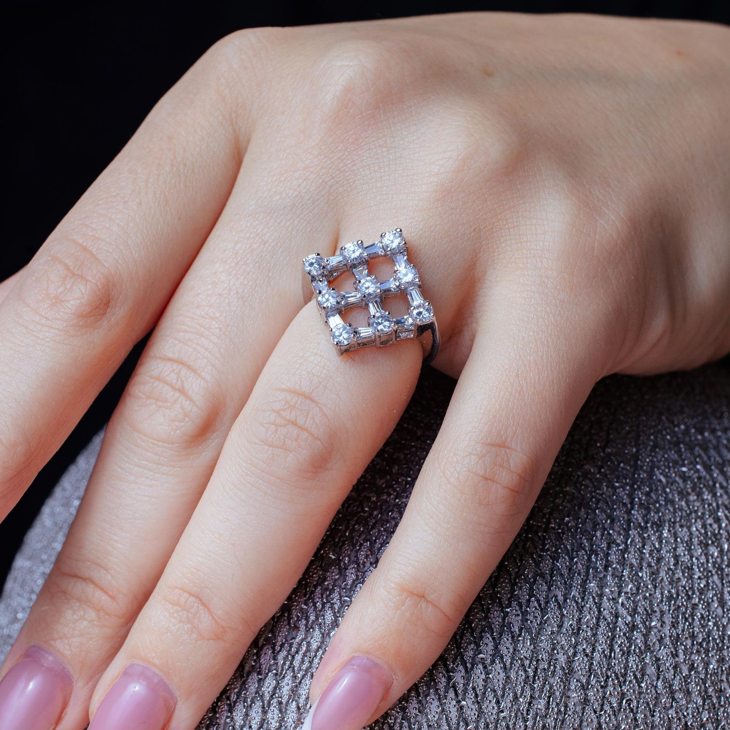 Closeout-Silver 925 Rhodium Plated CZ Square Net Ring - BGR00116