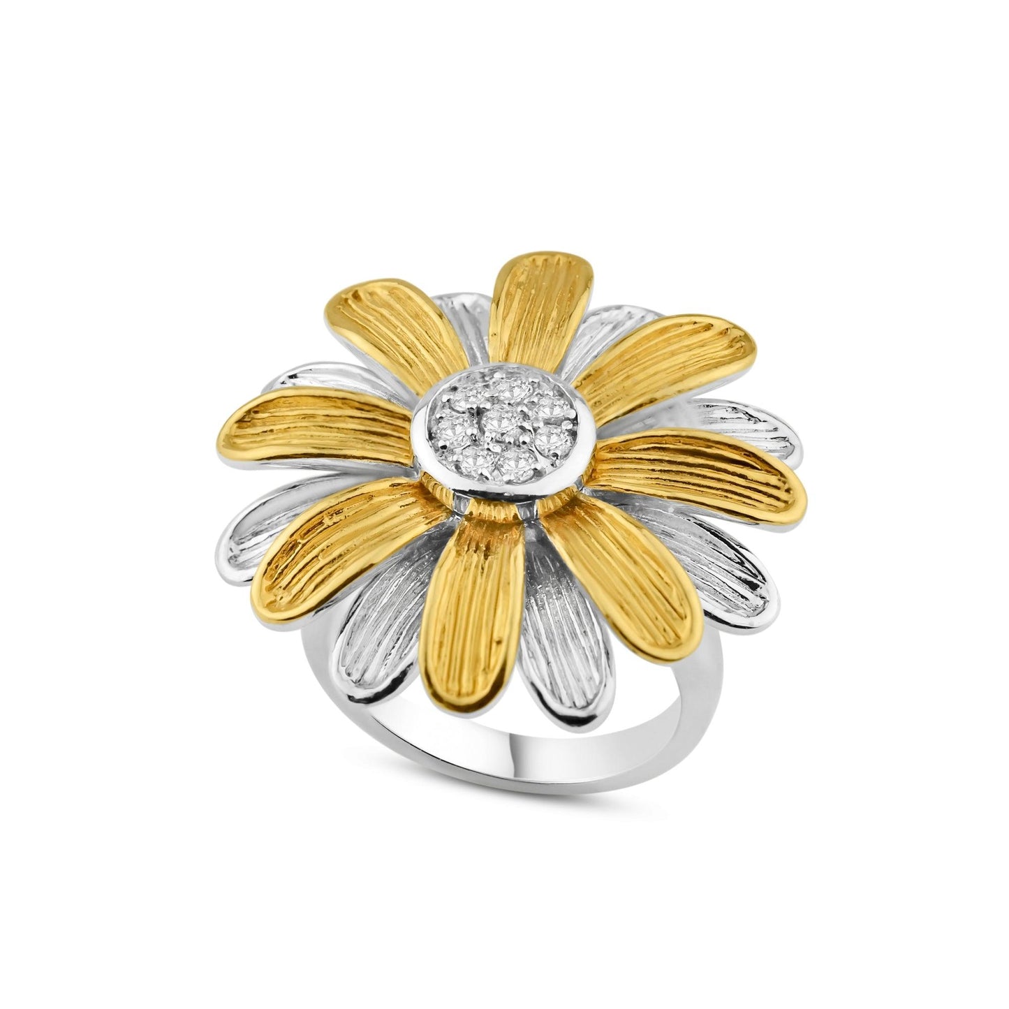 Closeout-Silver 925 Rhodium and Gold Plated Clear CZ Daisy Flower Ring - BGR00126 | Silver Palace Inc.