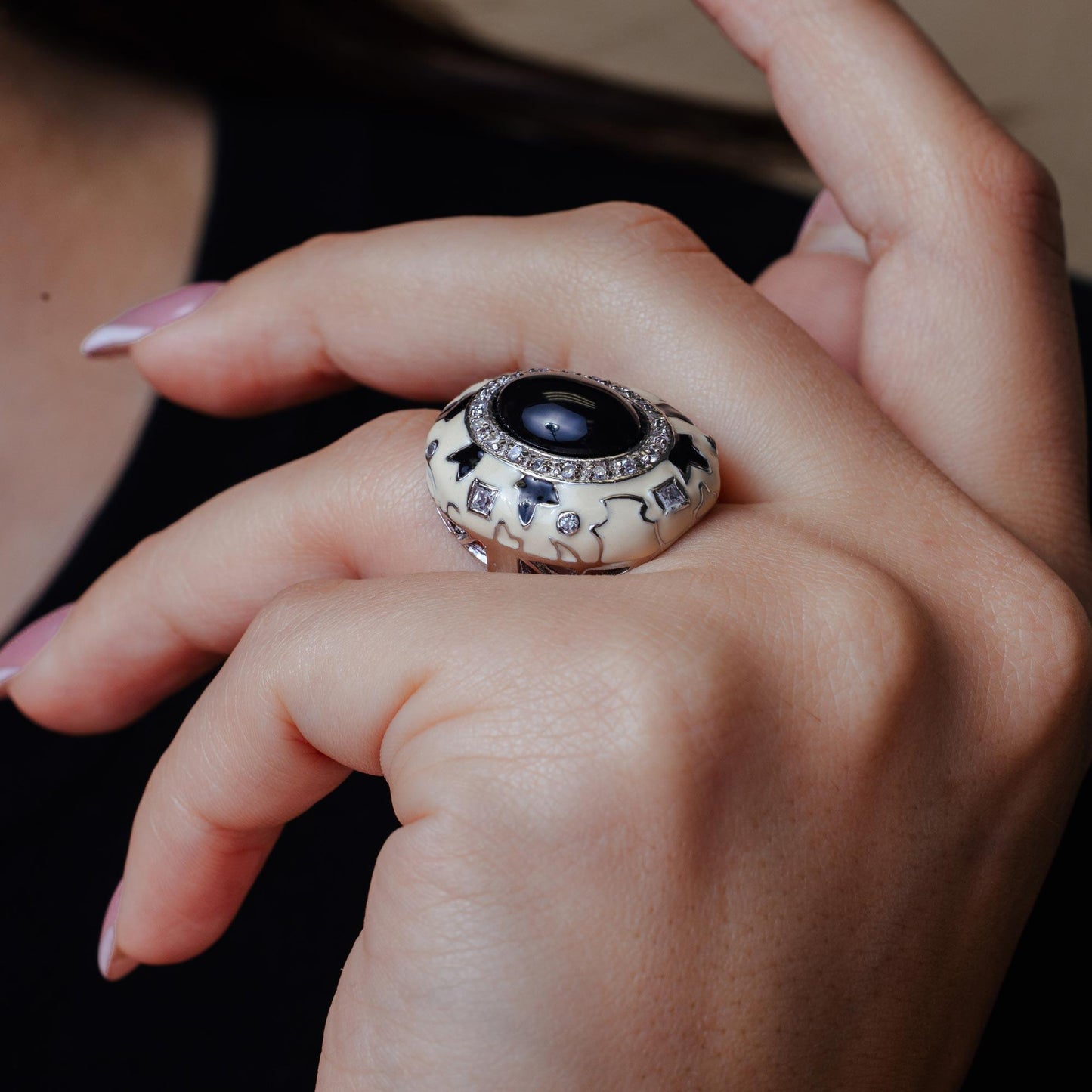 Closeout-Silver 925 Rhodium Plated Black and White Enamel Black Stone Center Clear CZ Dome Ring - BGR00131