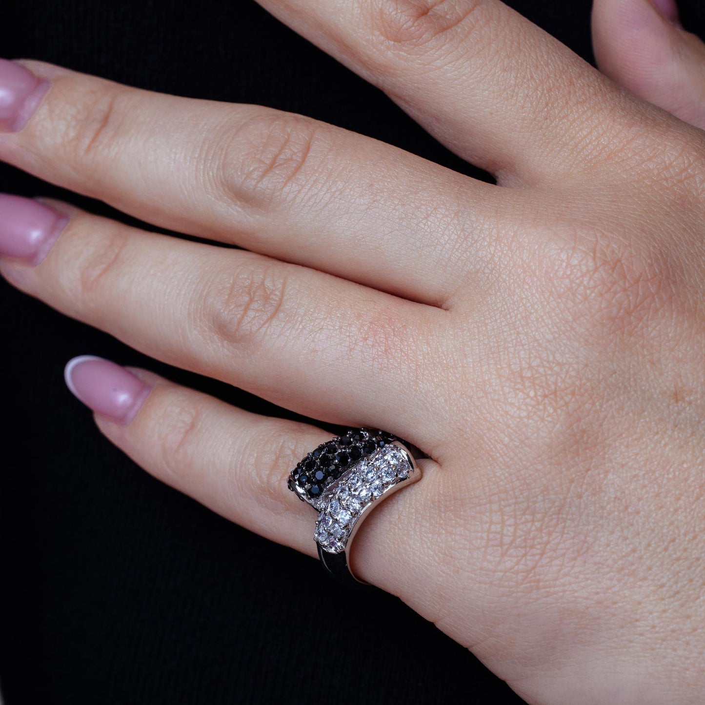Closeout-Silver 925 Rhodium and Black Rhodium Plated Pave Set Clear and Black CZ Wrap Ring - BGR00141
