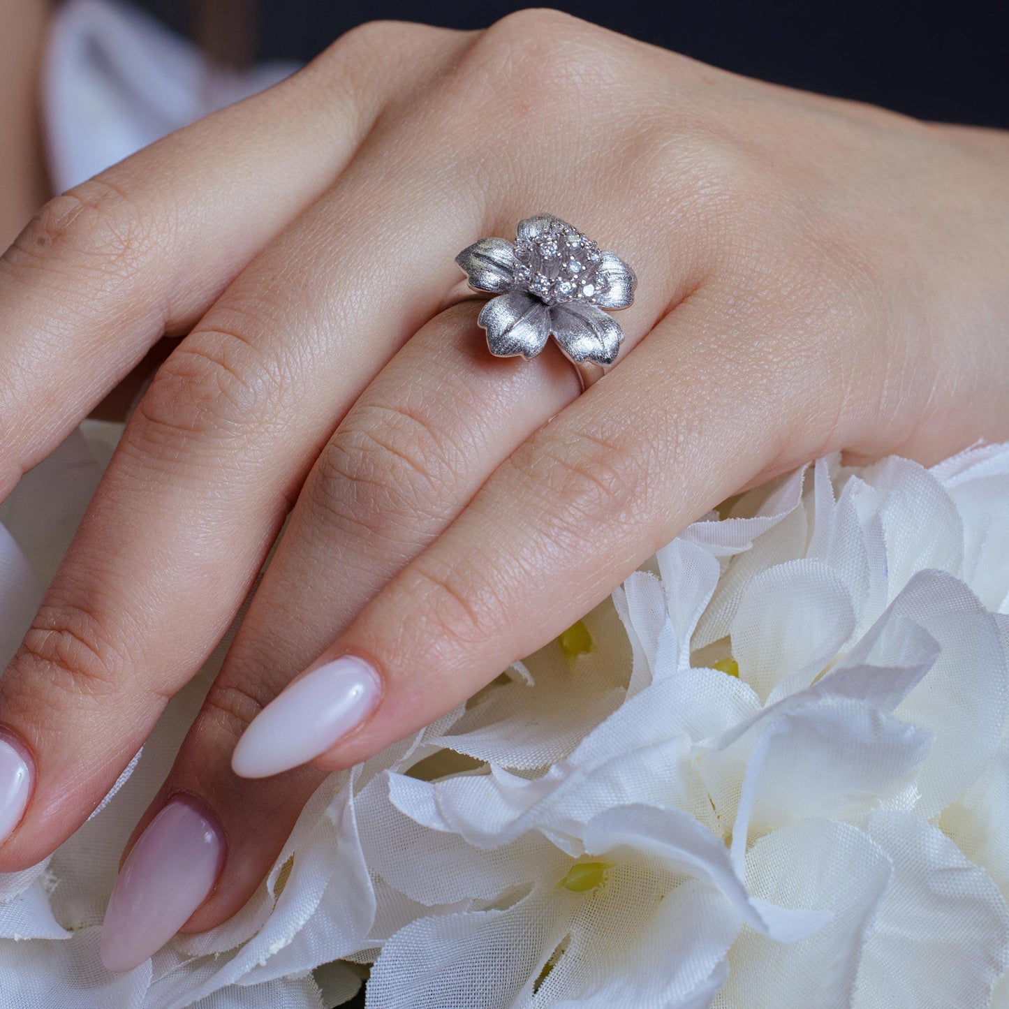 Closeout-Silver 925 Rhodium Plated Matte Finish Clear CZ Flower Ring - BGR00162
