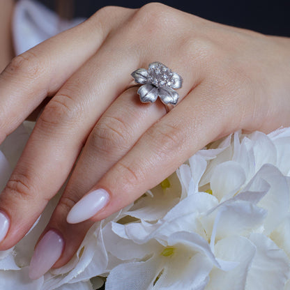 Closeout-Silver 925 Rhodium Plated Matte Finish Clear CZ Flower Ring - BGR00162