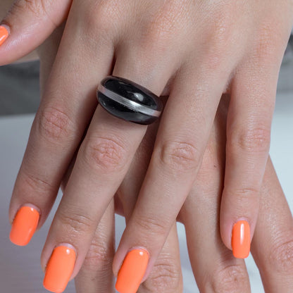 Closeout-Silver 925 Rhodium Plated Black Onyx Dome Ring - BGR00202