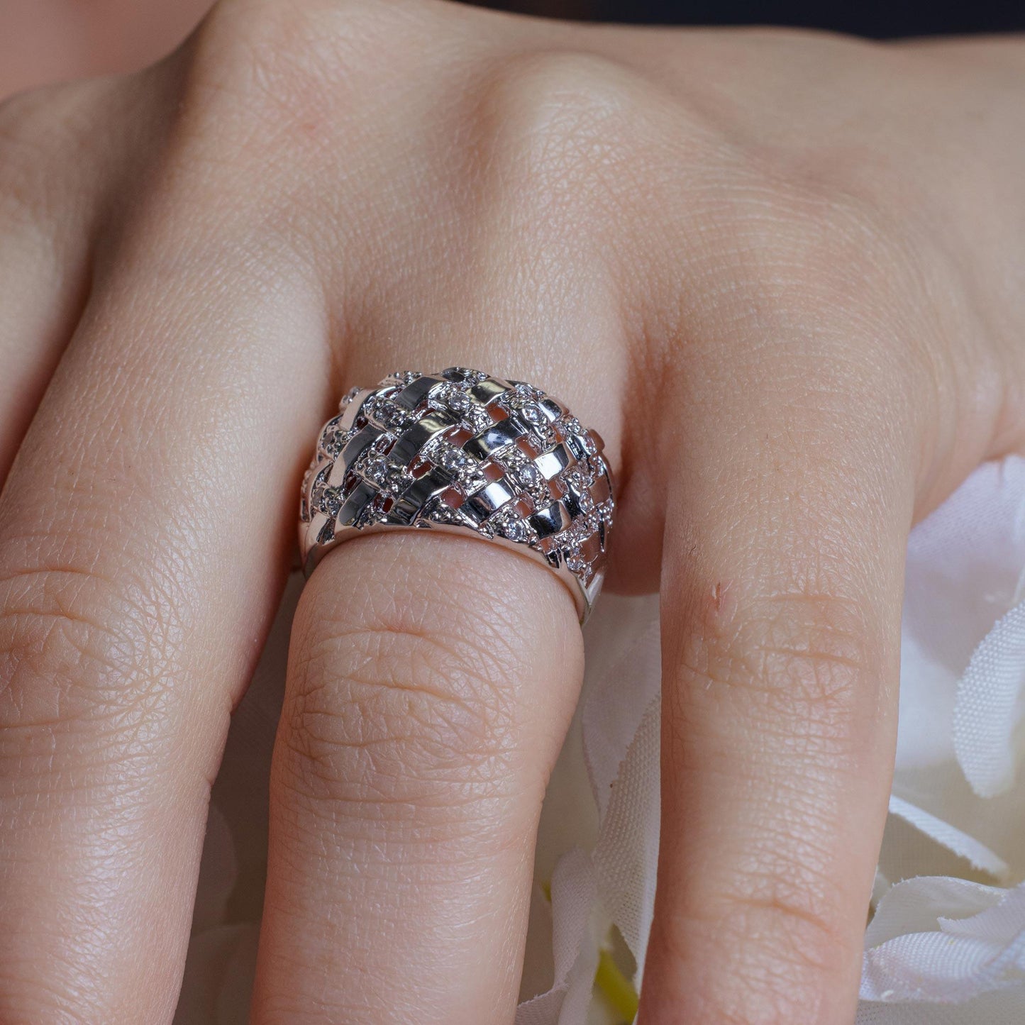 Closeout-Silver 925 Rhodium Plated Clear CZ Net Ring - BGR00218