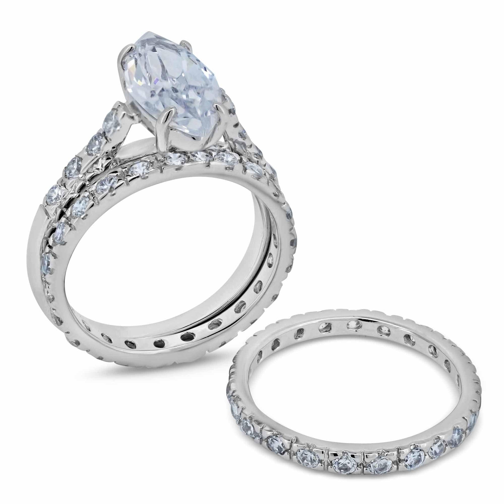 Silver 925 Rhodium Plated Clear Marquise Center Round CZ Bridal Ring Set - BGR00249 | Silver Palace Inc.