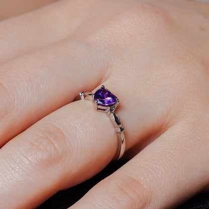 Silver 925 Rhodium Plated CZ Heart Purple February Ring - BGR00521FEB