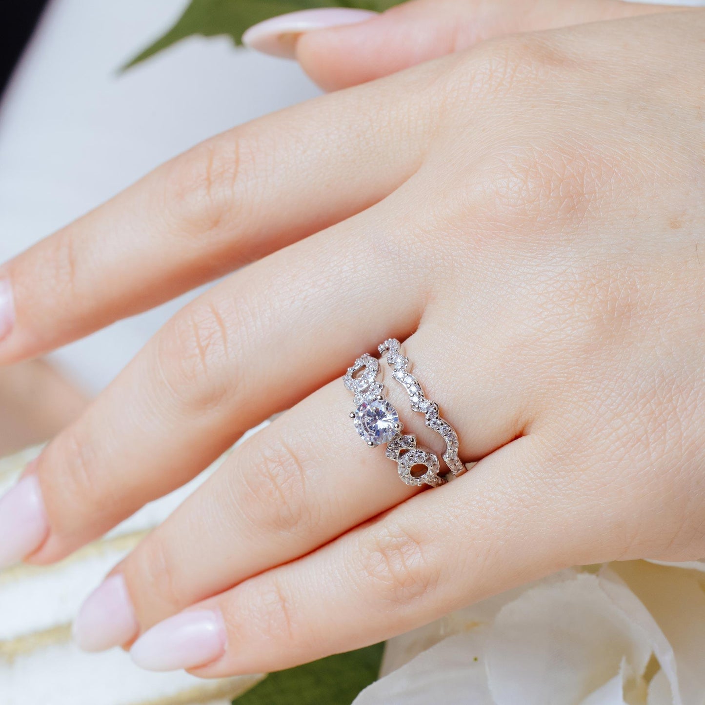 Silver 925 Rhodium Plated Clear Round Center CZ Bridal Engagement Ring Set - BGR00590