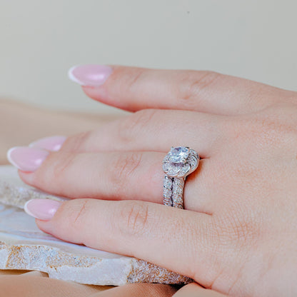 Silver 925 Rhodium Plated Micro Pave Set Clear Square Center CZ Flower Engagement Ring Set - BGR00712