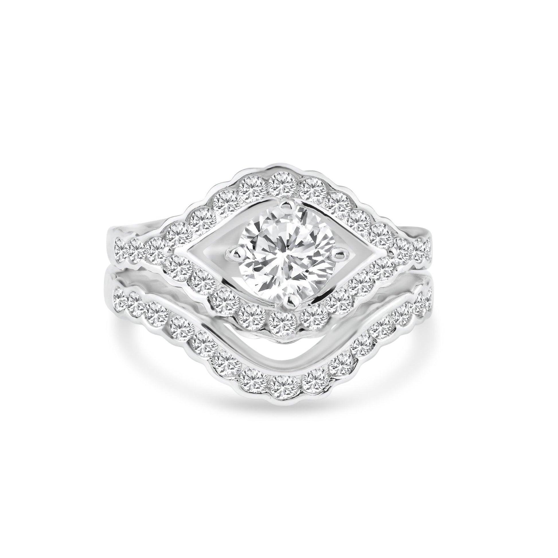 Silver 925 Rhodium Plated Clear Micro Pave Set CZ Estate Engagement Ring Set - BGR00713 | Silver Palace Inc.