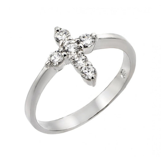 Silver 925 Rhodium Plated Clear CZ Mini Cross Ring - BGR00768 | Silver Palace Inc.
