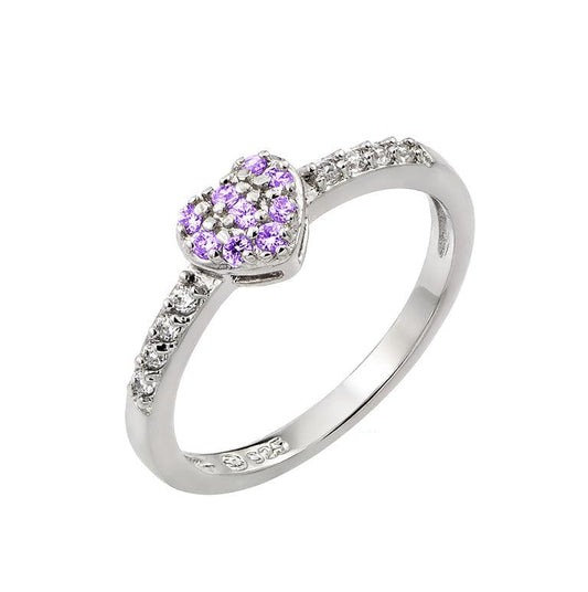 Silver 925 Rhodium Plated Clear Inlay CZ February Birthstone Heart Ring  - BGR00784FEB | Silver Palace Inc.