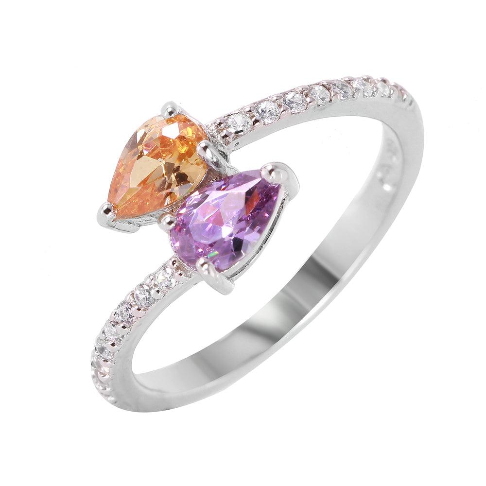 Silver 925 Rhodium Plated Multi Color Teardrop and Round Pave Set CZ Ring - BGR00944 | Silver Palace Inc.