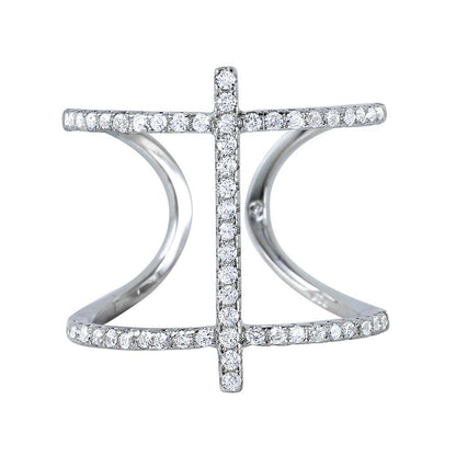 Silver 925 Rhodium Plated Open Pringle Hyperbolic Paraboloid and Perpendicular Stick Ring - BGR00967