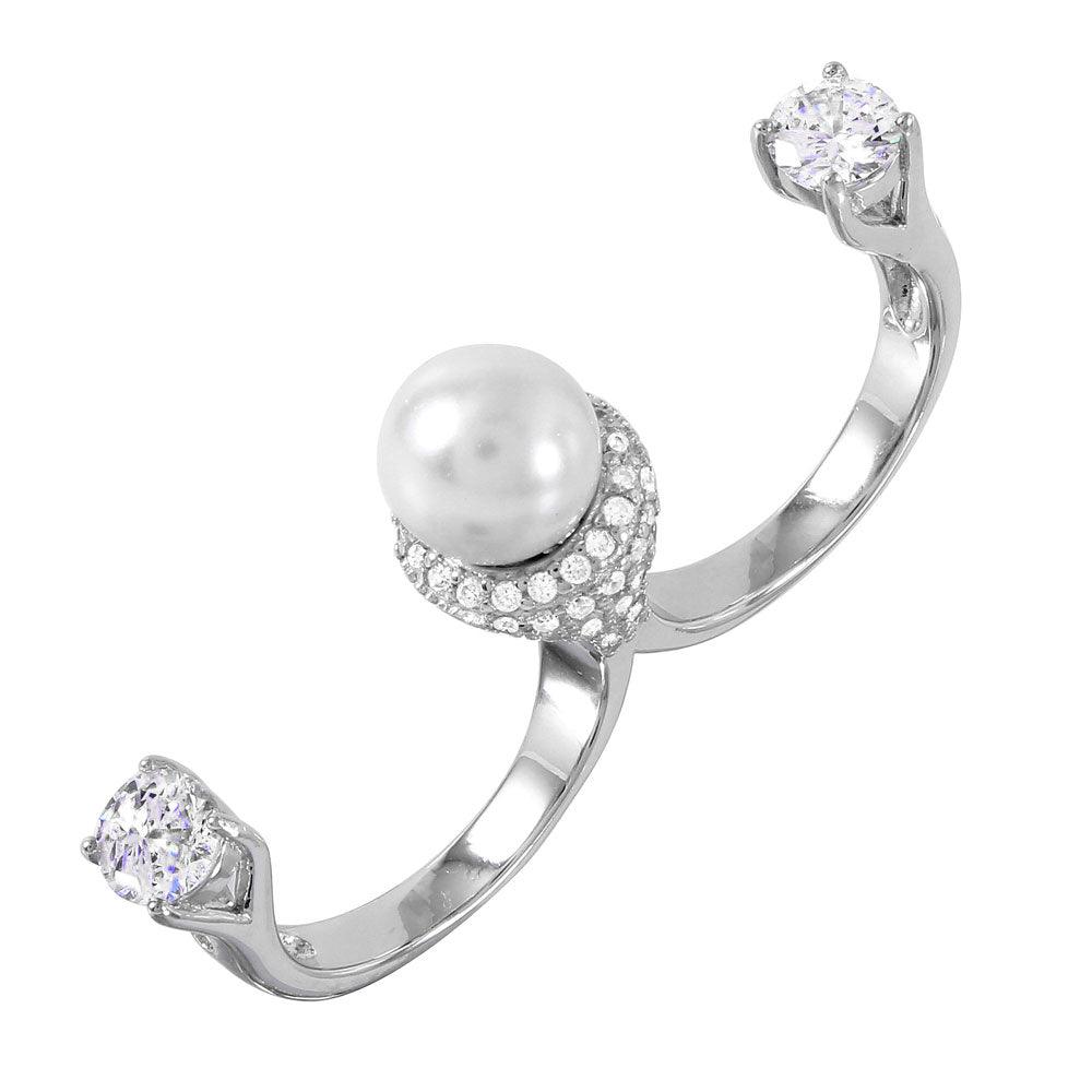 Silver 925 Rhodium Plated Pearl Two Finger Open Ring with CZ Accents - BGR00980