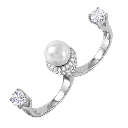 Silver 925 Rhodium Plated Pearl Two Finger Open Ring with CZ Accents - BGR00980