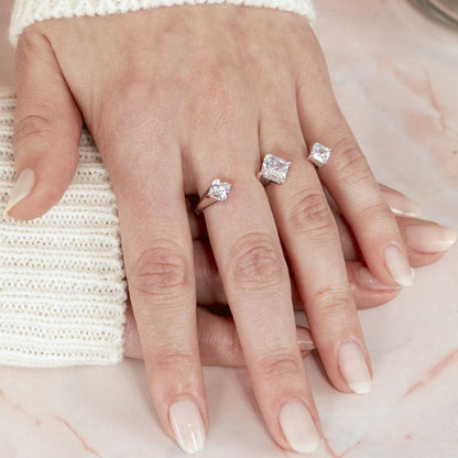 Silver 925 Rhodium Plated Two-Finger Open Ring with 3 CZ Accent Caps - BGR00984