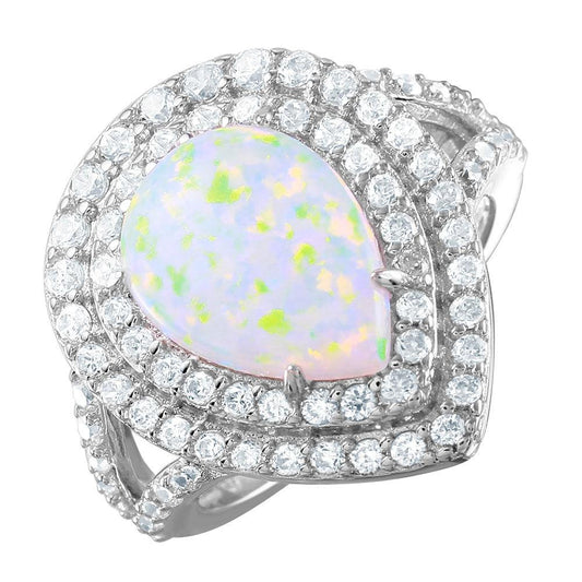 Silver 925 Rhodium Plated Opal Teardrop Halo CZ Ring - BGR00995 | Silver Palace Inc.