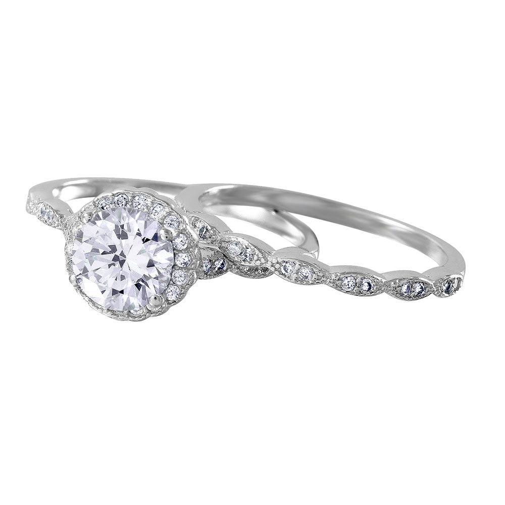 Silver 925 Nickel Free Rhodium Plated Round Halo CZ Bridal Ring - BGR01005