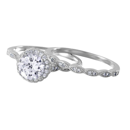 Silver 925 Nickel Free Rhodium Plated Round Halo CZ Bridal Ring - BGR01005