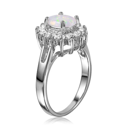 Silver 925 Rhodium Plated Oval Halo Ring with Synthetic Opal Center Stone - BGR01027