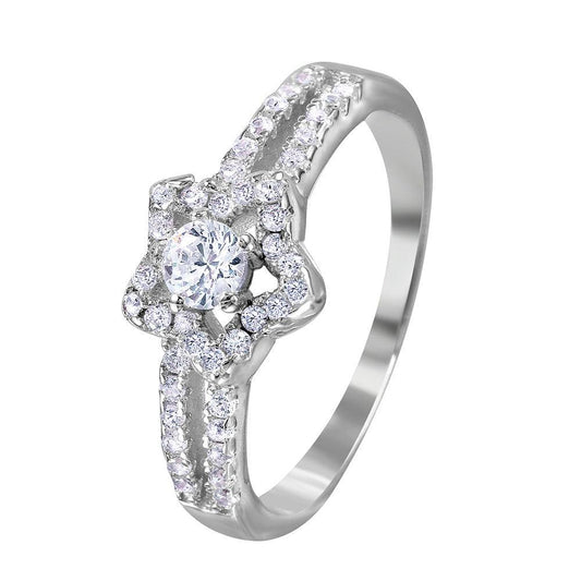 Silver 925 Rhodium Plated Split Shank Open Star CZ Encrusted Ring - BGR01033 | Silver Palace Inc.