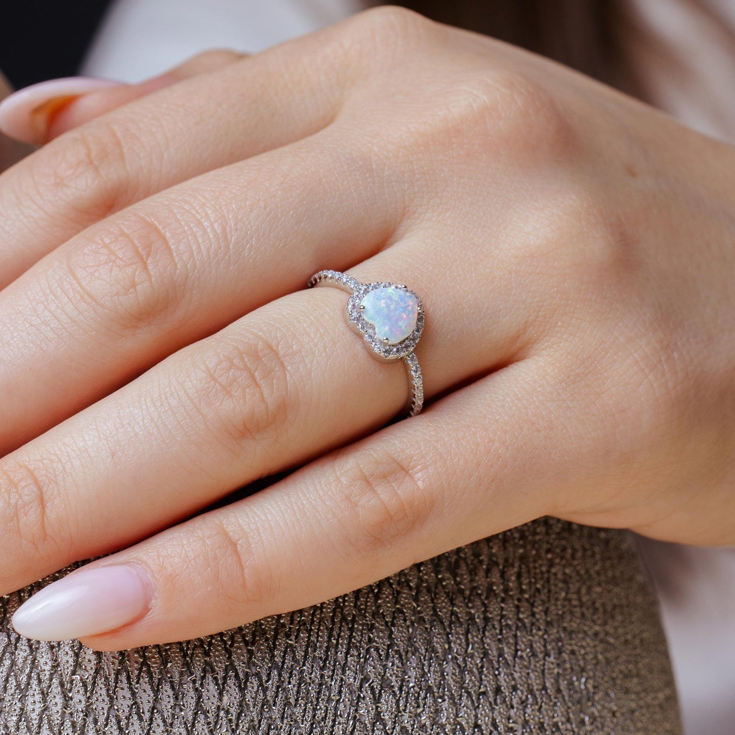 Silver 925 Rhodium Plated Halo Heart Ring with Synthetic Opal and CZ - BGR01046