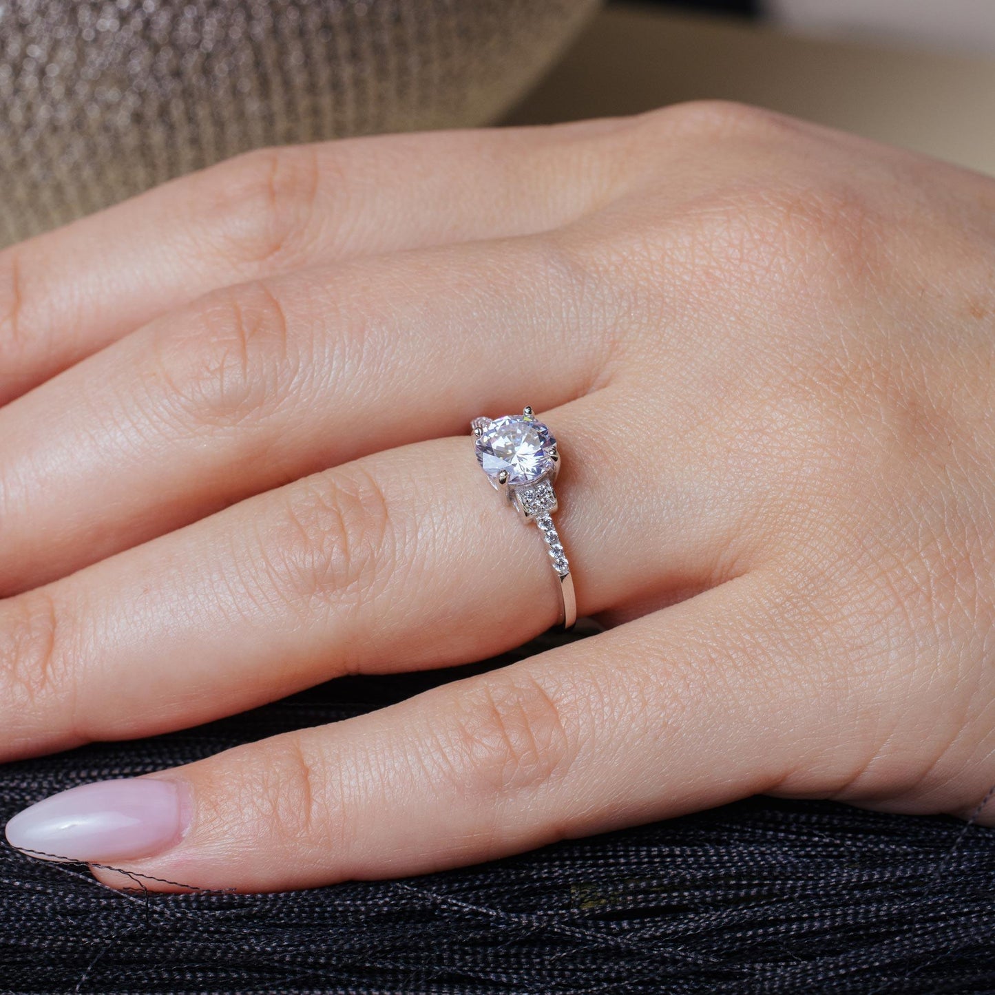 Silver 925 Rhodium Plated Micro Pave Shank Round Center Stone Ring - BGR01070