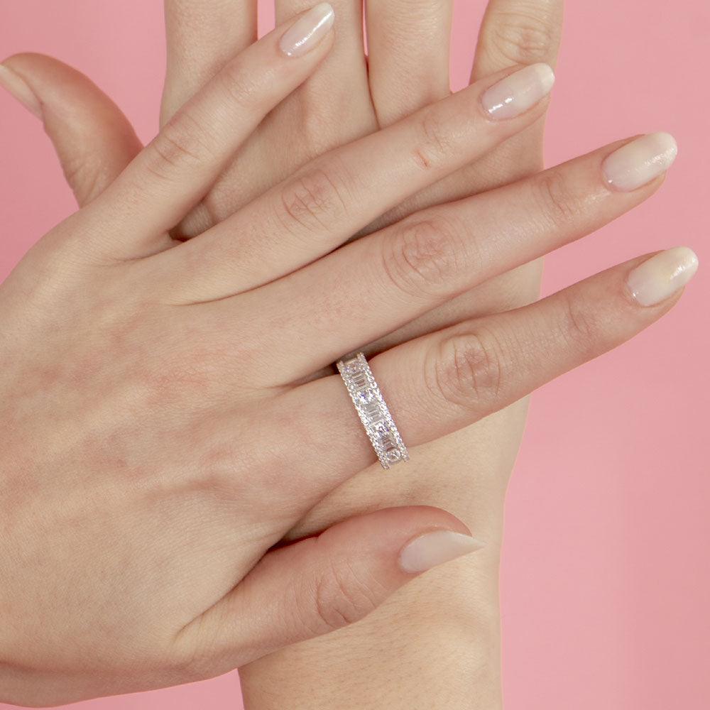 Silver 925 Rhodium Plated Eternity Band with Baguette CZ Stones - BGR01075