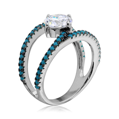 Silver 925 Rhodium Plated Open Shank Turquoise and CZ Stone Ring - BGR01084
