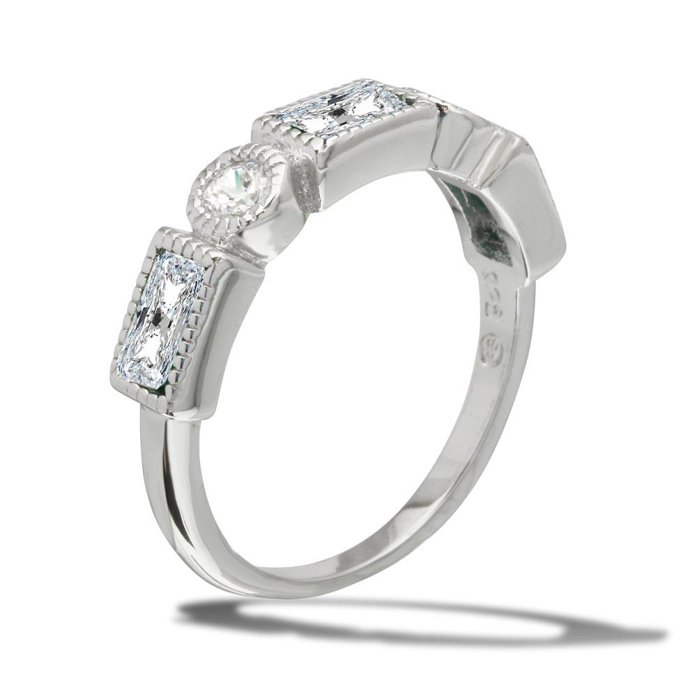 Silver 925 Rhodium Plated Alternating Clear Rectangle and Clear Round CZ Ring - BGR01111CLR | Silver Palace Inc.