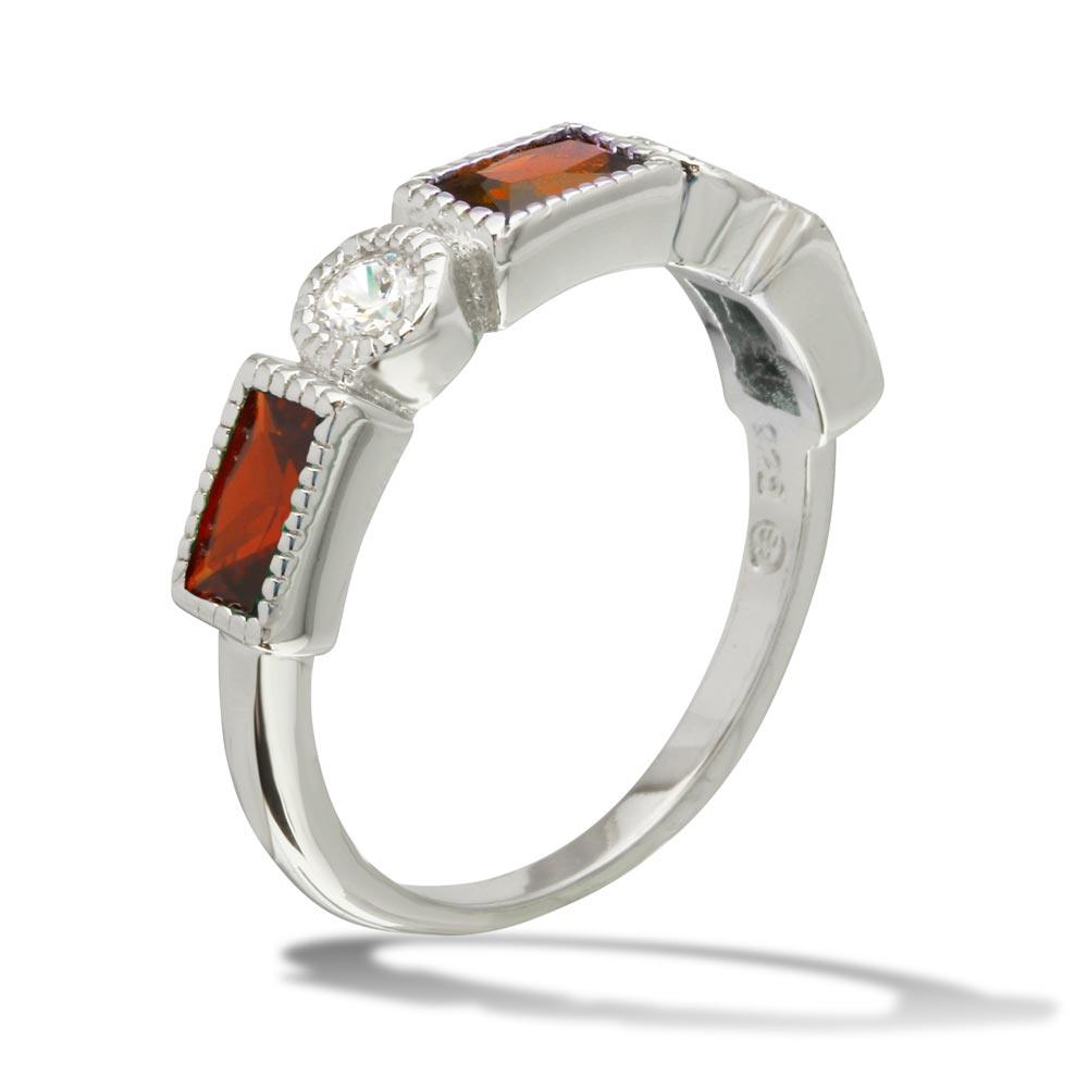 Silver 925 Rhodium Plated Alternating Red Rectangle and Clear Round CZ Ring - BGR01111RED | Silver Palace Inc.