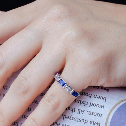 Silver 925 Rhodium Plated Alternating Blue Rectangle and Clear Round CZ Ring - BGR01111BLU