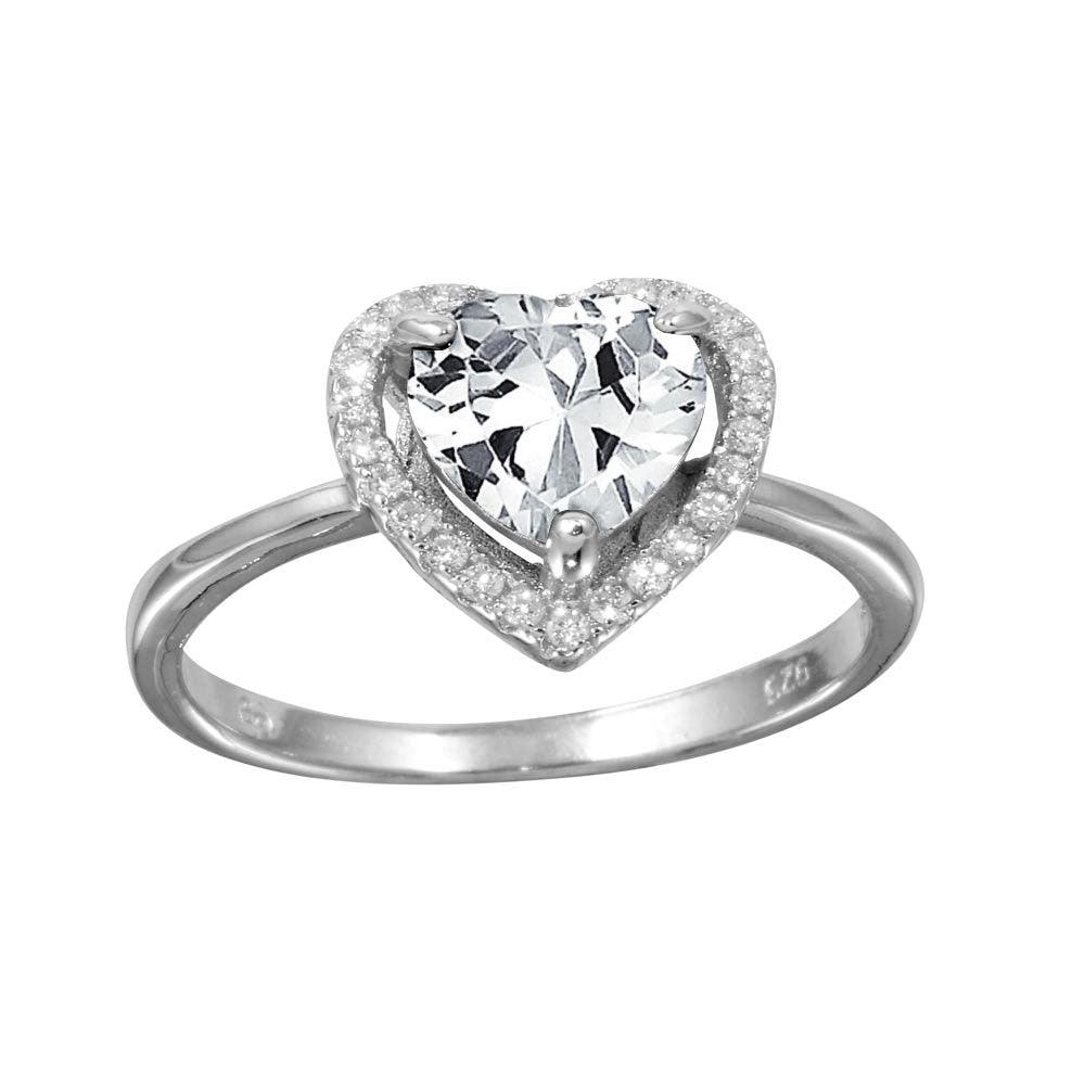 Silver 925 Rhodium Plated Clear Halo Heart Ring - BGR01139CLR | Silver Palace Inc.