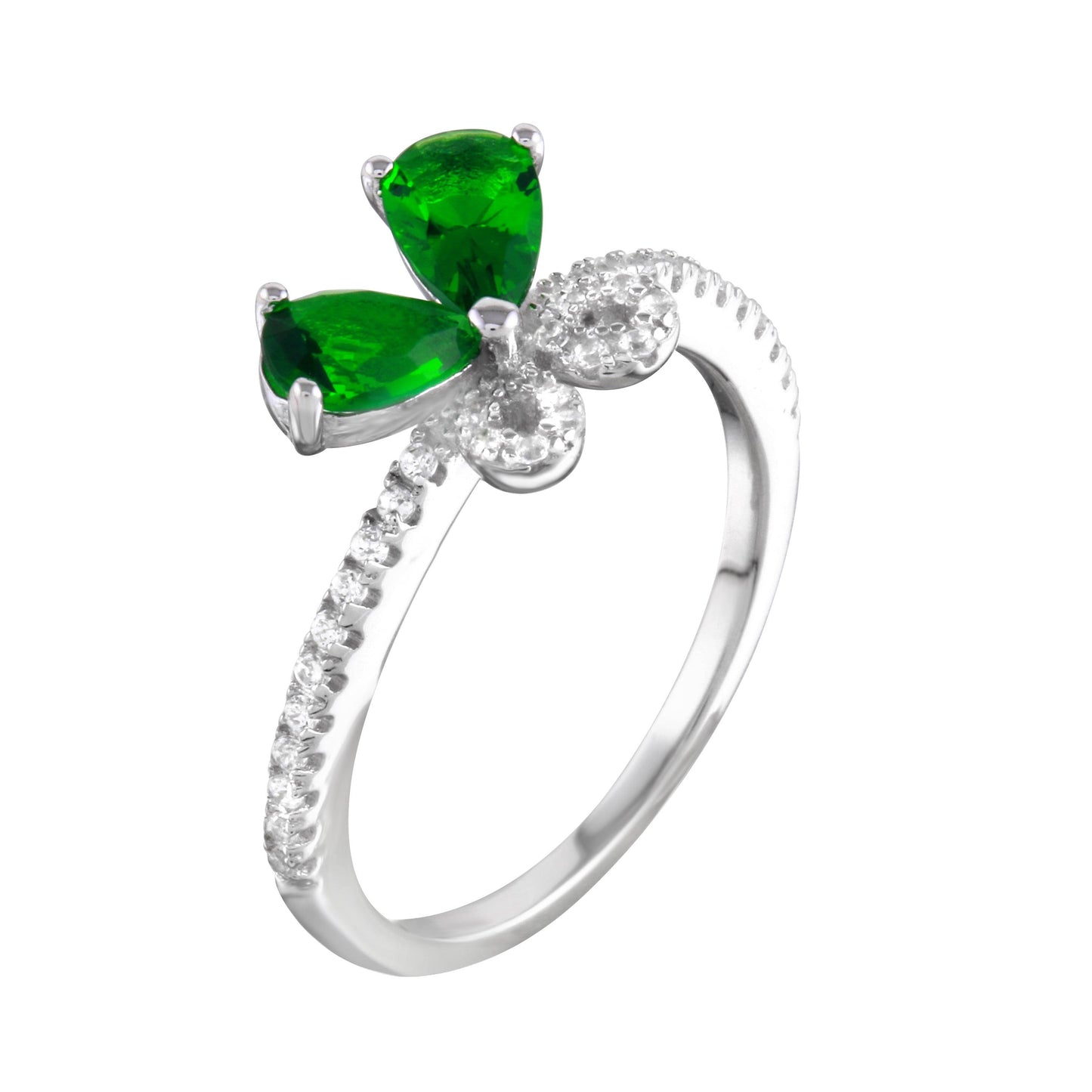 Silver 925 Rhodium Plated Green Butterfly CZ Ring - BGR01164GRN