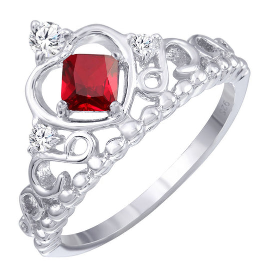 Silver 925 Rhodium Plated Crown Ring with Red and Clear CZ - BGR01168RED