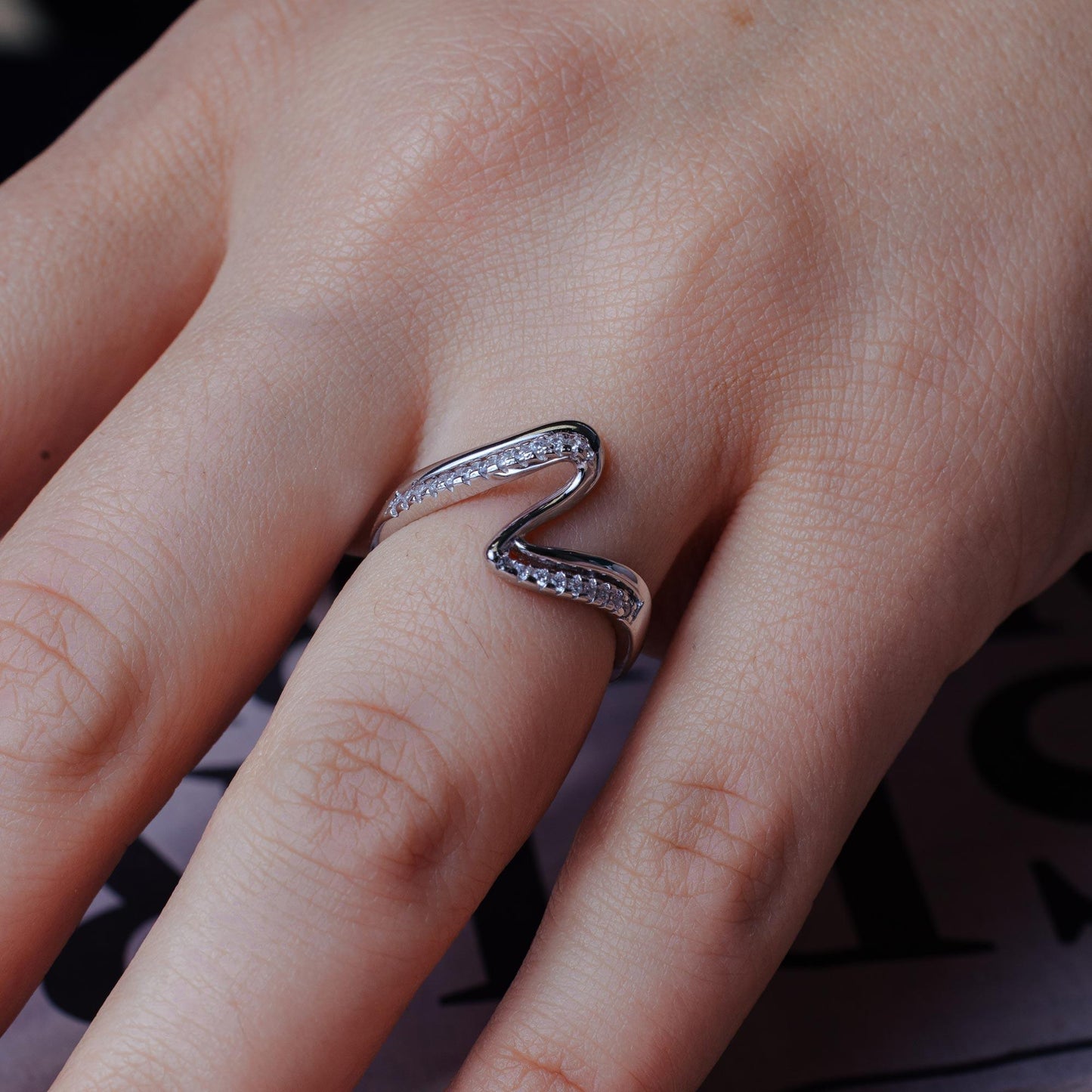 Silver 925 Rhodium Plated Double Wave CZ Ring - BGR01174